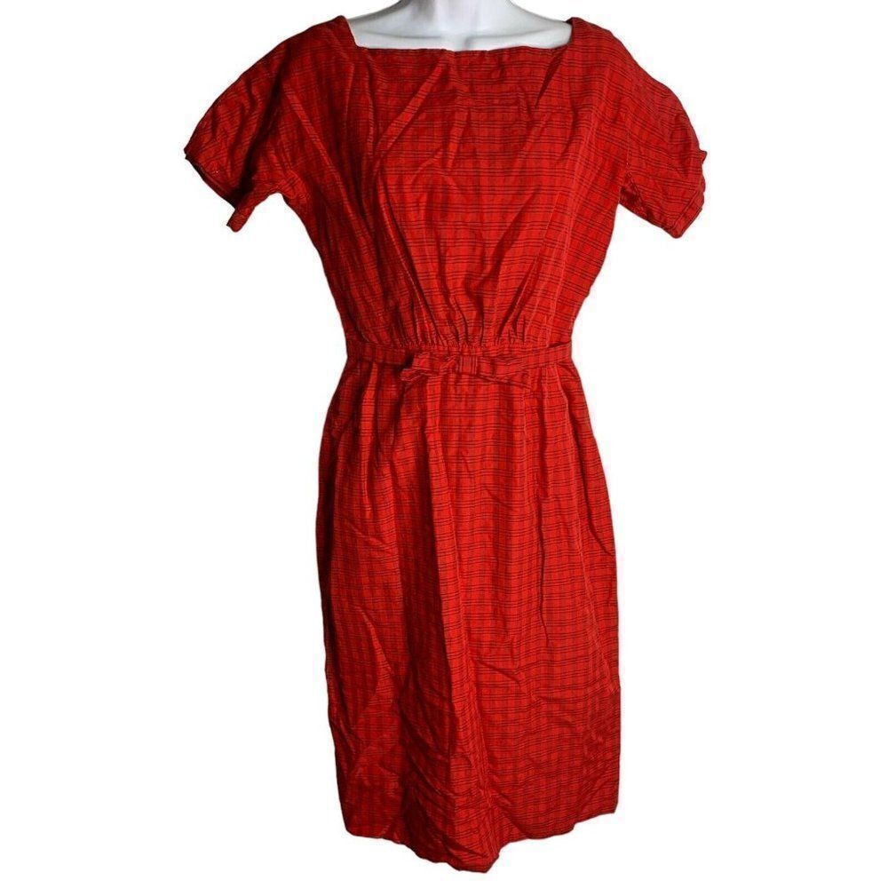 Vintage 50s Lanz Of Salzburg Midi Sheath Dress S Red Check Belted Button Back